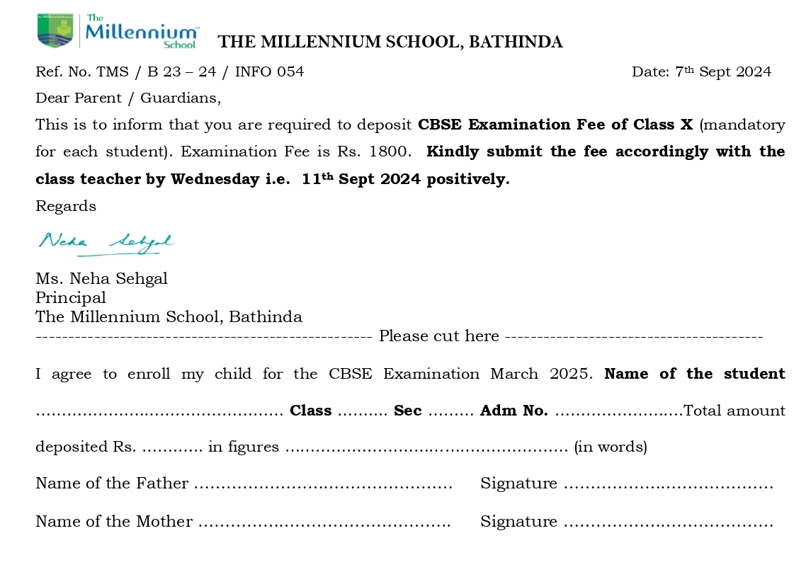 CBSE Examination Fee of Class X (mandatory for each student).