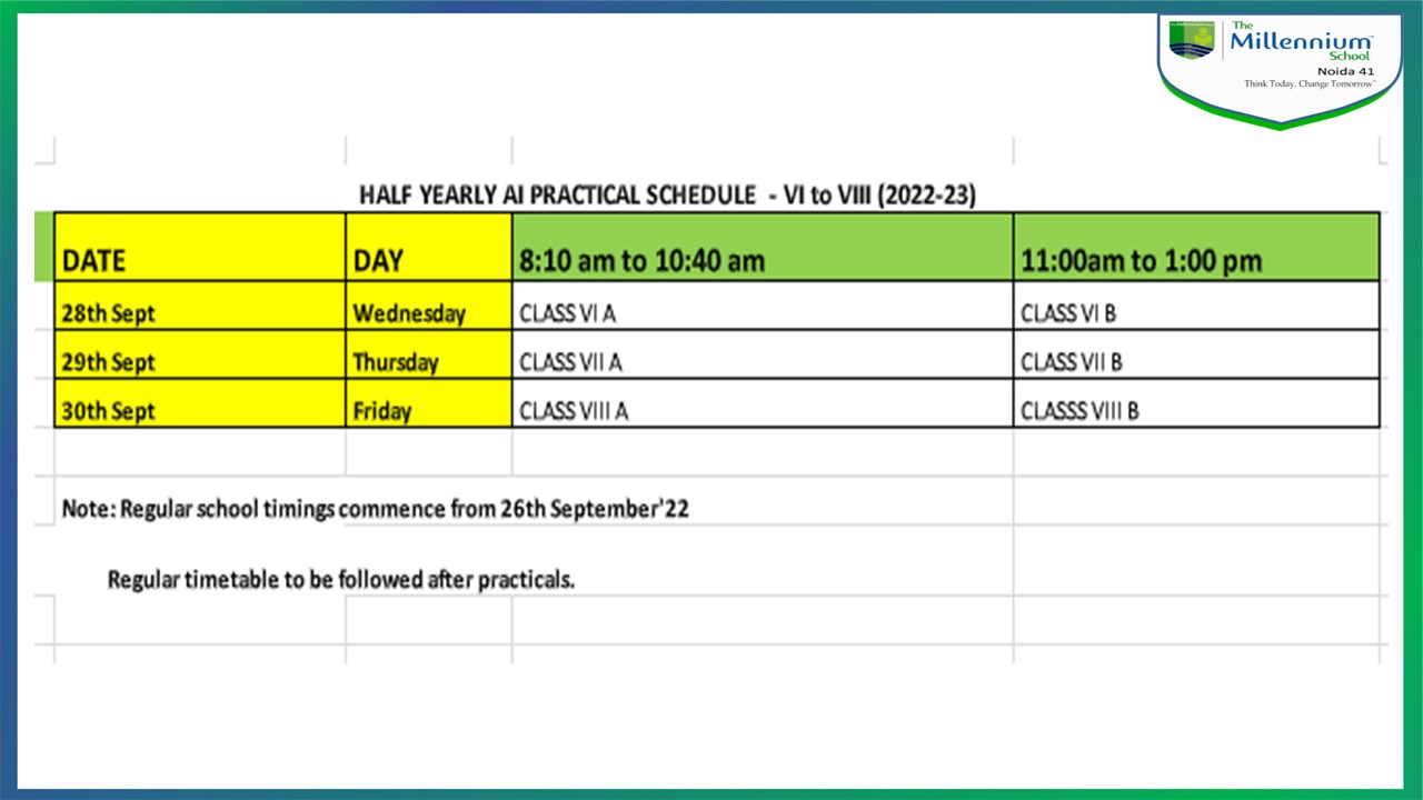 Half Yearly AI Practical Schedule for Classes 6 to 8