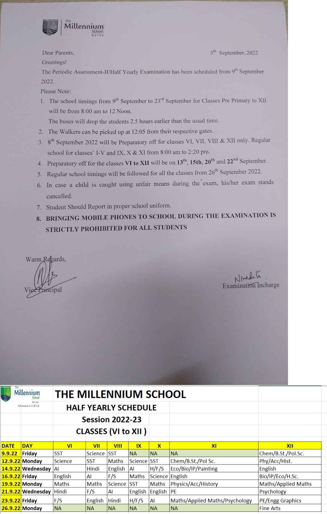 Half Yearly Examination Circular and Date sheet for Classes VI to XII (2022-23)