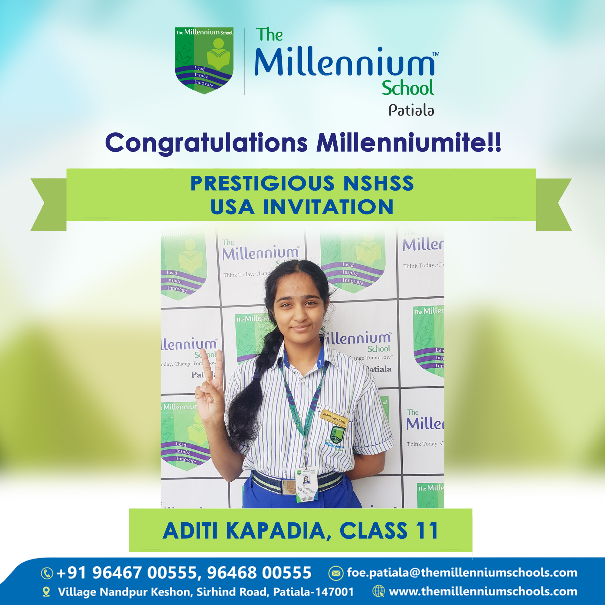 Aditi Kapadia earns Prestigious NSHSS, USA invitation 